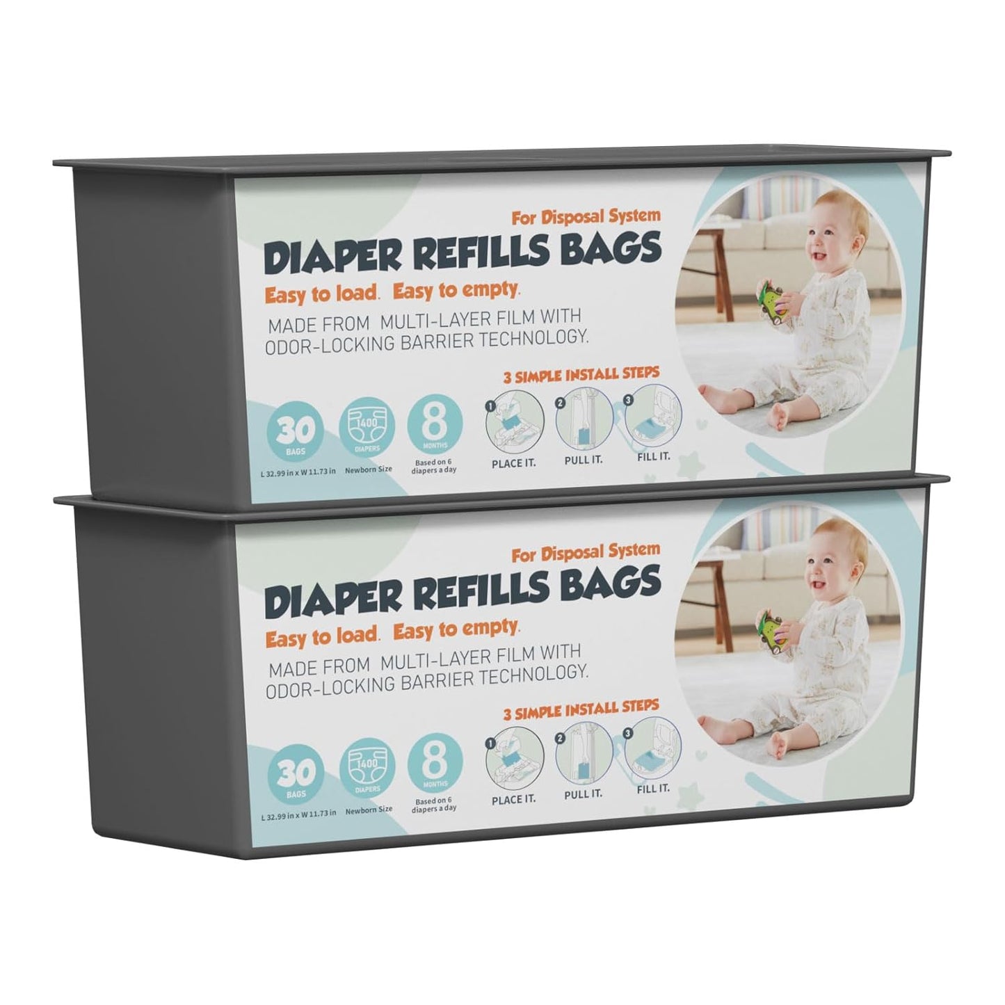 Diaper Pail Refills Bags with 30 Bags (Baby Powder Scent) Compatible with Genie Easy Roll Signature and Platinum Diaper Pails, 7-Layer Odor-Barrier Technology 2 Pack (60 Bag)
