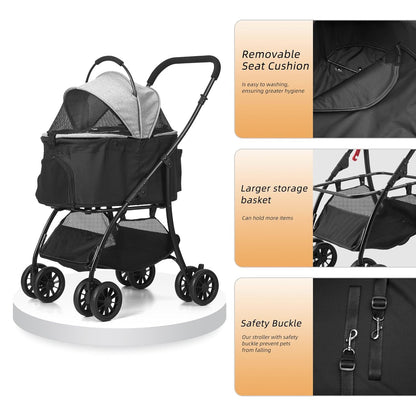 Pet Stroller Quickly Folds for Easy Storage Cat Stroller with Detachable Carrier Thickened Oxford Cloth Breathable Basket Dog Strollers for Small Dogs (Black)