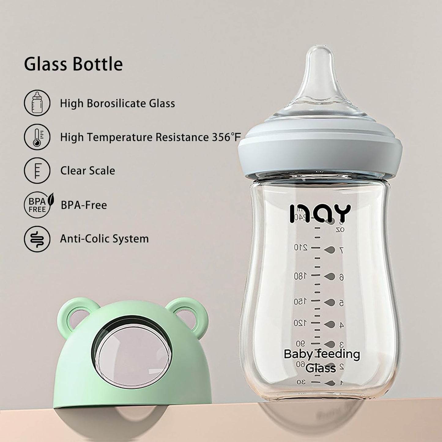 yanyoyo Natural Glass Baby Bottle for Breastfeeding Babies, 5.4oz Anti-Colic Baby Bottle with Natural Response Nipple(S), Clear, Wide Neck, 2 Pack, 1 Months+