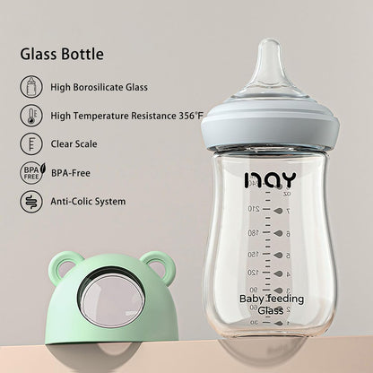 yanyoyo Natural Glass Baby Bottle for Breastfeeding Babies, 5.4oz Anti-Colic Baby Bottle with Natural Response Nipple(S), Clear, Wide Neck, 2 Pack, 1 Months+