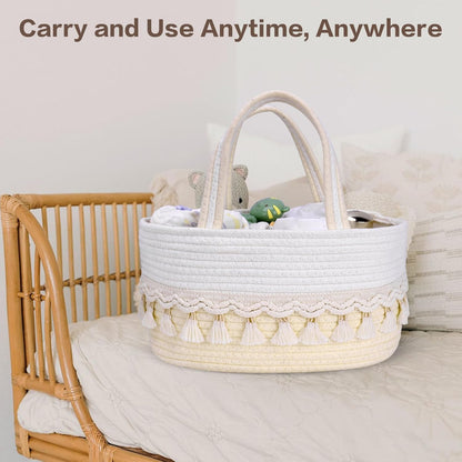 Diaper Caddy Organizer, Stylish Nursery Storage Basket, Baby Shower Basket with Tassel Decorative Appearance, Portable Storage Basket Suitable for Family and Car Travel (Grey)