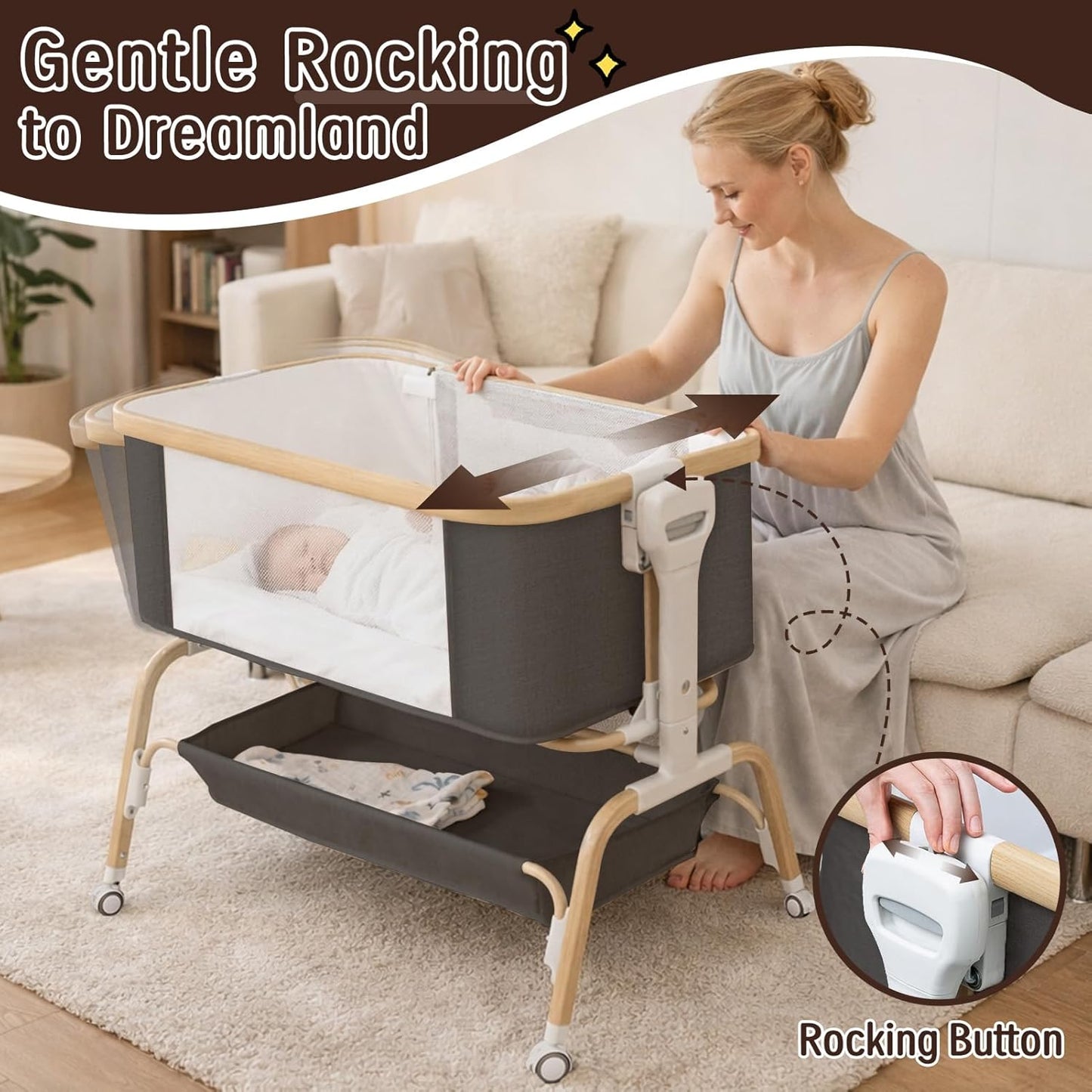 Rocking Baby Bassinet Bedside Sleeper, Detachable Portable Bassinet & Adjustable Crib with 8 Heights, Breathable Mesh, Storage Basket & Mobile Toy for Newborns to Toddlers(Oatmeal)