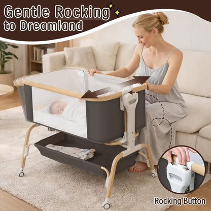 Rocking Baby Bassinet Bedside Sleeper, Detachable Portable Bassinet & Adjustable Crib with 8 Heights, Breathable Mesh, Storage Basket & Mobile Toy for Newborns to Toddlers(Oatmeal)