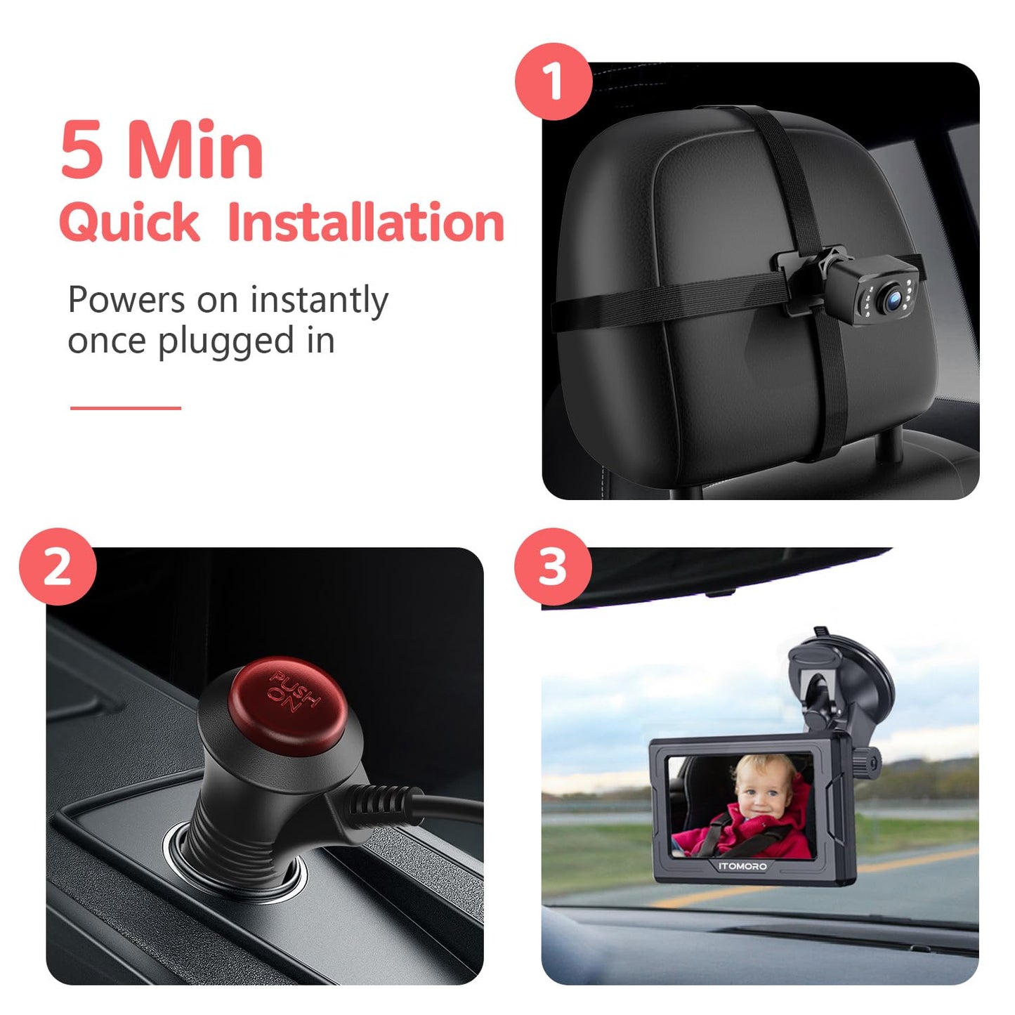 Itomoro Baby Car Camera, 4.3'' 1080P Night Vision Car Baby Mirror with Camera 5 Mins Easy Installation Crystal Clear Wide View for Rear Facing Seat ACZ407