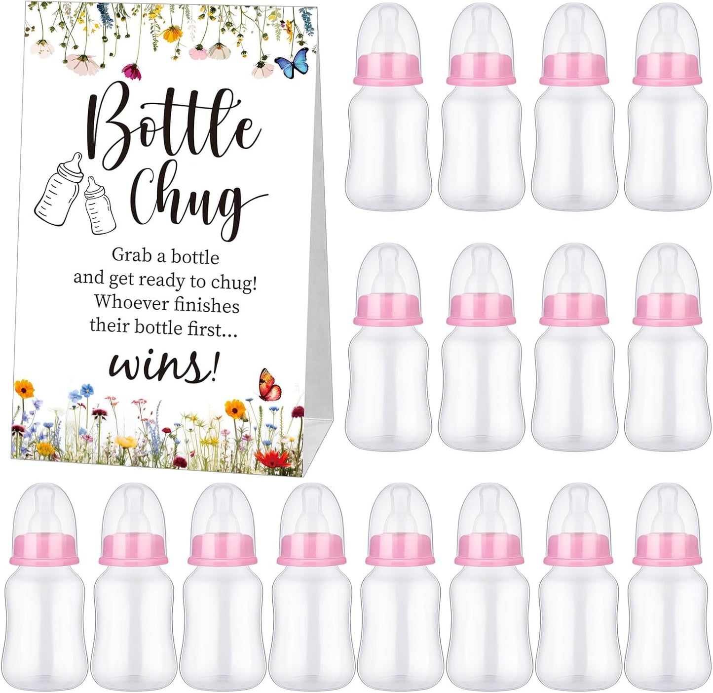 TrelaCo Bottle Chug Baby Shower Game 20 Pcs Baby Bottles Shower Favor with 1 Greenery Theme Sign for Gender Reveal Party Supplies Gifts(Green)