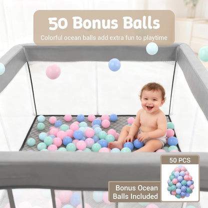 Foldable Baby Playpen, 50"×50" Collapsible Play Yard for Babies and Toddlers, No Assembly Required, Kids Safety Play Area with 4 Handles, 50 Balls and Visible Mesh, Black