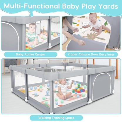 Fshibila 74" ×50" Large Baby Playpen, Baby Playard for Babies and Toddlers, Baby Fence Play Pens for Indoor & Outdoor, Sturdy Safety Play Yard with Soft Breathable Mesh, Anti-Fall, Grey