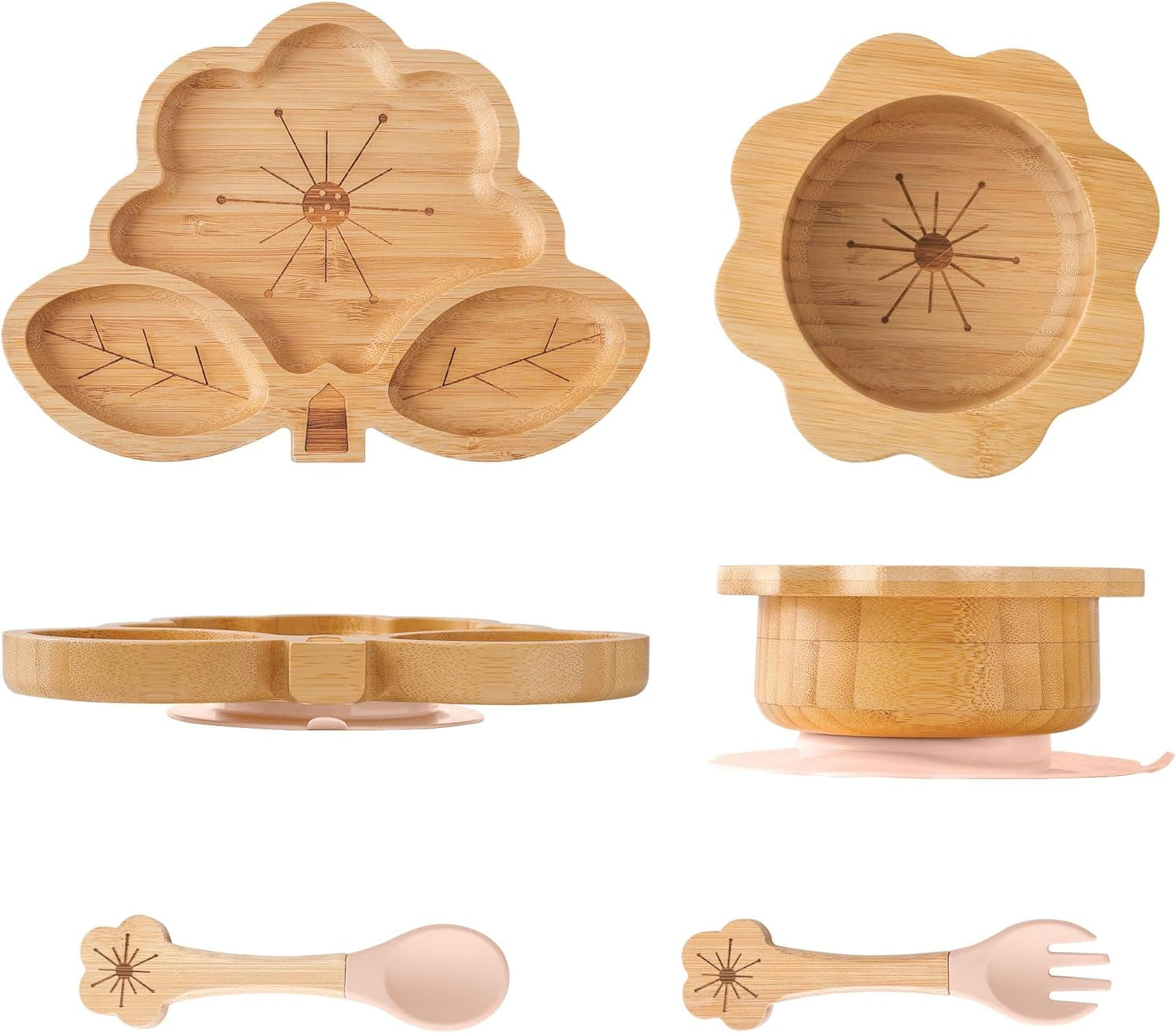 Bamboo Suction Plates Bowls Set for Baby Toddler - Includes Bamboo Bowl, Divided Plate, Silicone Fork & Spoon, All-Natural Baby Feeding Set for Baby-Led Weaning