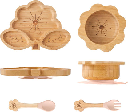 Bamboo Suction Plates Bowls Set for Baby Toddler - Includes Bamboo Bowl, Divided Plate, Silicone Fork & Spoon, All-Natural Baby Feeding Set for Baby-Led Weaning