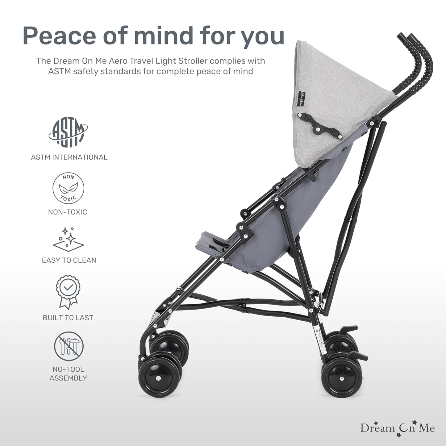 Dream On Me Aero Travel Umbrella Stroller, One-Hand Quick Fold, 3-Point Safety Harness, Dual Brakes, Adjustable Removable Canopy, Lightweight Compact & Space-Saving for Infants and Toddlers – Black