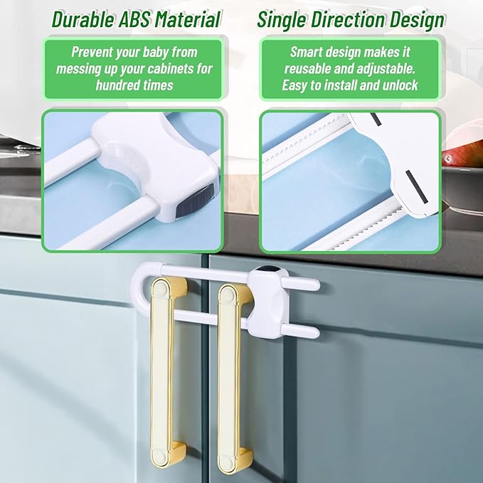 6 Packs Sliding Cabinet Locks, Modacraft Baby Proofing U-Shaped Child Safety Latches Adjustable White Locks for Handles Knobs Drawers Closet Cupboard
