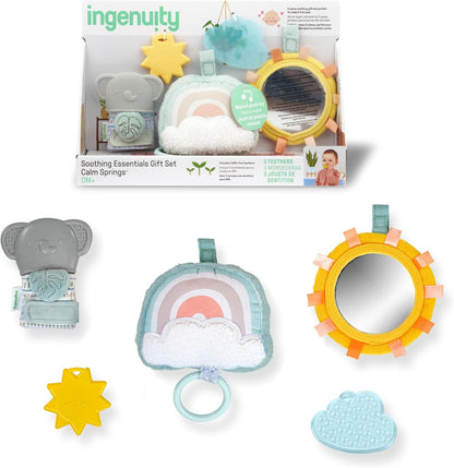 Ingenuity Soothing Essentials Wood Carrier Toy Bar, Montesorri-Inspired, 3 Removable Toys, for Ages 0-12 Months