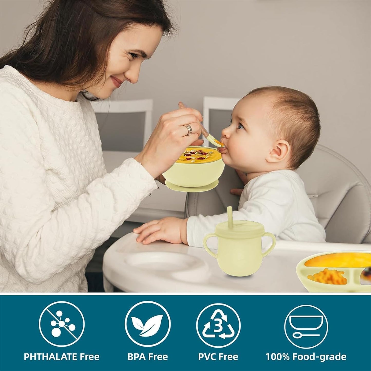 100% Silicone Baby Feeding Set, BPA Free Baby Dishes with Suction Bowl, Divided Plate, Toddler Self Feeding Dish Set with Spoons, Forks, Sippy Cup and Bib, Baby Eating Utensils (Navy Blue)