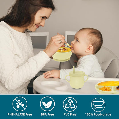 100% Silicone Baby Feeding Set, BPA Free Baby Dishes with Suction Bowl, Divided Plate, Toddler Self Feeding Dish Set with Spoons, Forks, Sippy Cup and Bib, Baby Eating Utensils (Navy Blue)