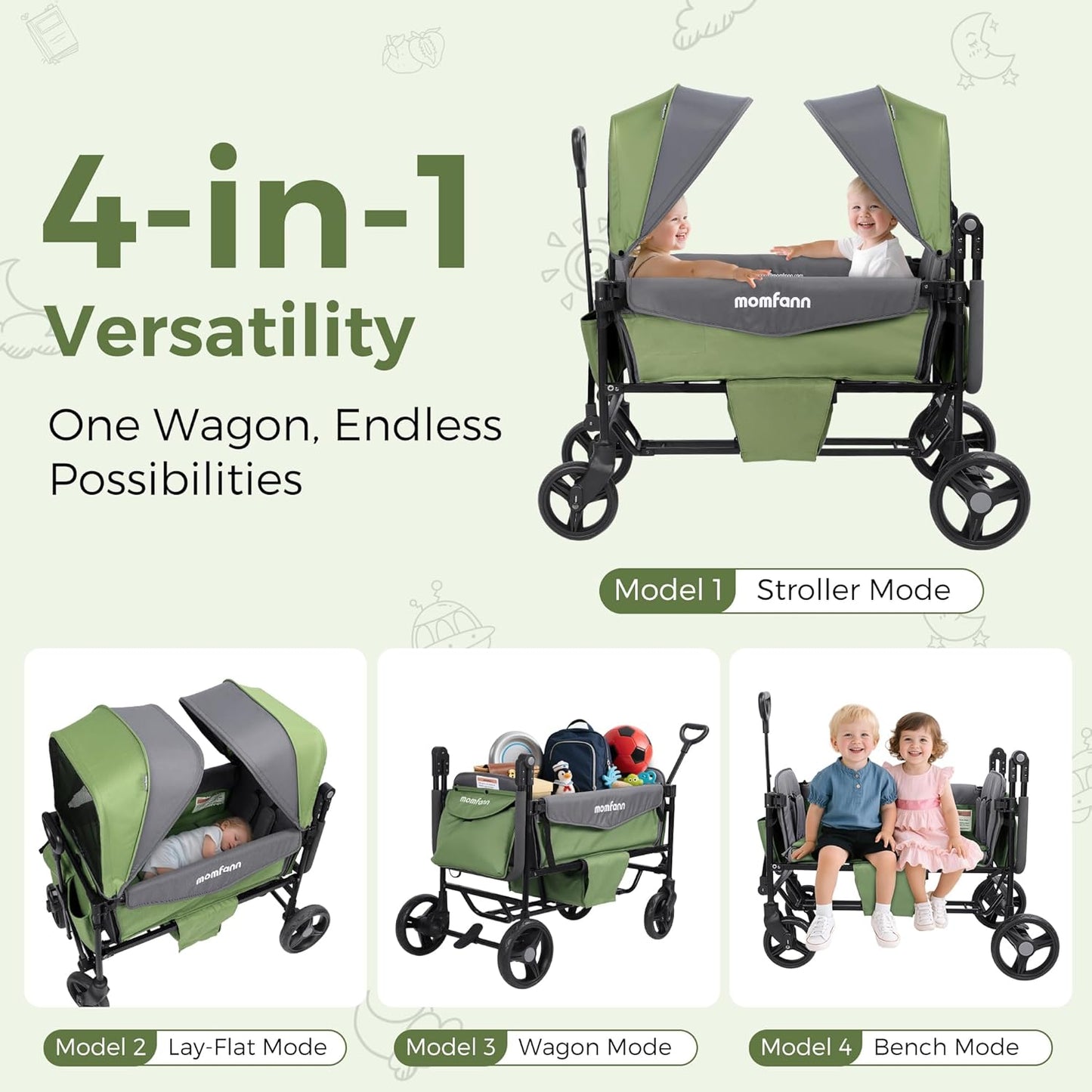 Stroller Wagon for 2 Kids with Canopy, Foldable All-Terrain Wagon Stroller with Adjustable Push/Pull Handle, Parent Organizer, 5-Point Harness, Ideal for Travel & Outdoor Adventures, Meadow Green