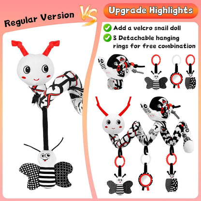 Car Seat Toys for Babies, 0-6 Months Stroller Activity Black White Baby Spiral Plush Toys Newborn High Contrast Sensory Carseat Toys with 4 Pendants Hanging Boys Girls Gift