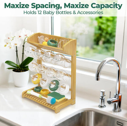 EsLuker.ly Baby Bottle Drying Rack Bamboo Vertical Dryer Holder, Space Saving for 12 Milk Glass Bottle Countertop, Wooden Drain Stand Shelf for New Parents