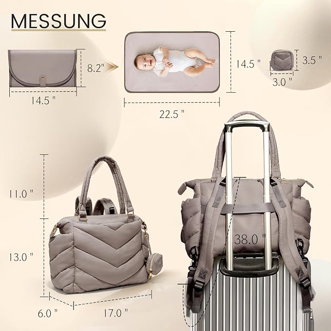 Diaper Bag Tote, Diaper Bag Backpack,Puffer Tote Bag with Pacifier Case, Lightweight Mommy for Hospital, Puffy with 10 Pockets, Convertible Baby for Travel,Khaki