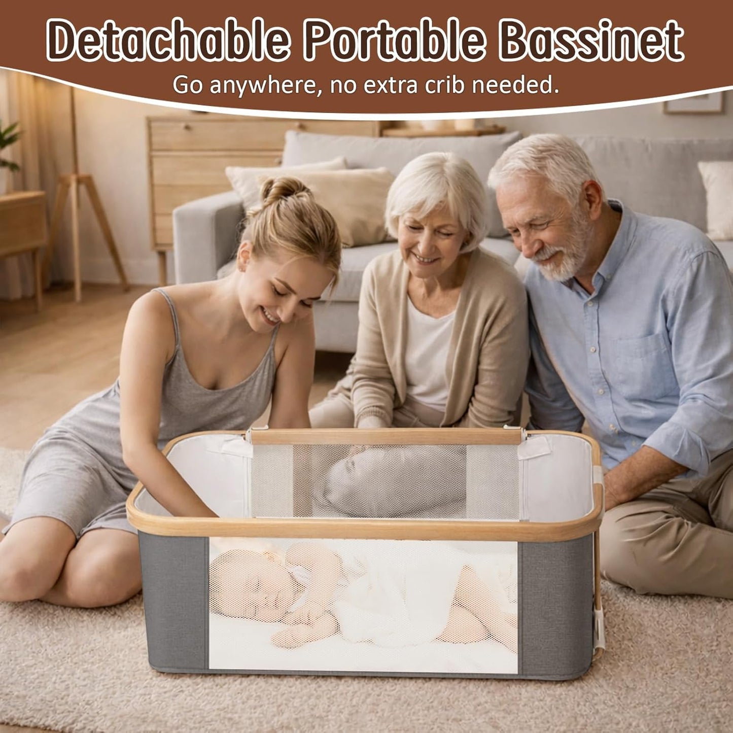 Rocking Baby Bassinet Bedside Sleeper, Detachable Portable Bassinet & Adjustable Crib with 8 Heights, Breathable Mesh, Storage Basket & Mobile Toy for Newborns to Toddlers(Oatmeal)