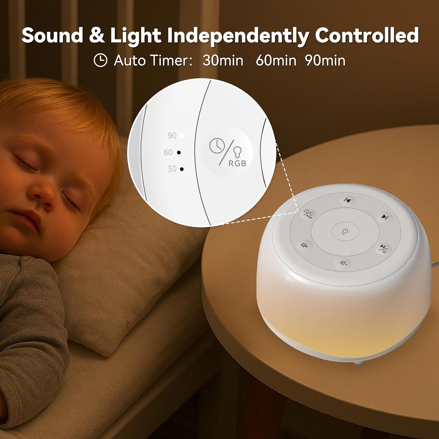 HEYAXA White Noise Sound Machine with 7 Colors Night Light 34 Soothing Sounds, Portable Sound Machine for Baby Adults Kids Sleep with 30 Volume Levels 4 Timers Adjustable Brightness (Wood Grain)