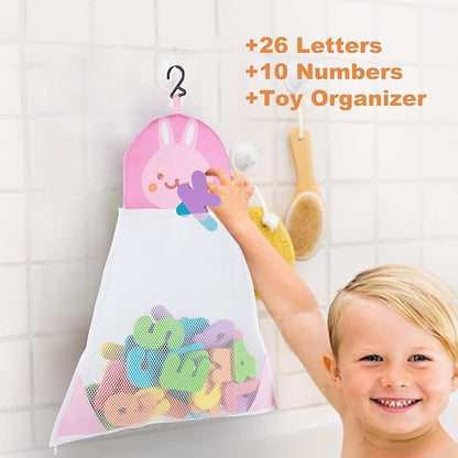 Bath Toys Organizer + 36 Soft Foam ABC 123 Letters & Numbers Bathroom Alphabet Baby Toys for Early Learning Foam Letters and Quick Dry Storage Net Bag for Baby Boys and Girls