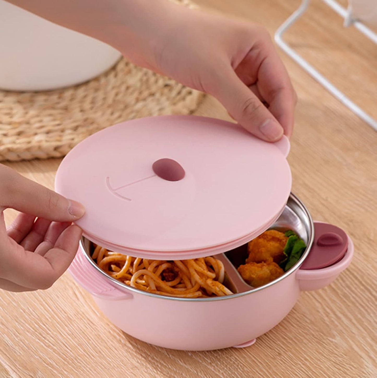 I love D&M Baby Toddler Food-Grade 316 Stainless Steel Bowl with Insulated Lid Strong Suction Leak-Resistant BPA Free Easy to clean (no utensil, Placid Blue)