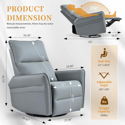 Power Swivel Rocker Recliner Chair for Nursery, Upholstered Snowflake Velvet 270°Swivel Glider Rocker Chair with USB Ports, Small Power Recliners for Small Spaces Living Room