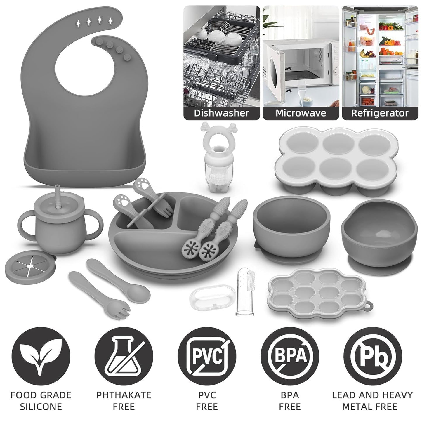 16 Pack Silicone Baby Feeding Set, BPA-Free Baby LED Weaning Supplies, Include Suction Plates, Baby Bowls, Silicone Fork & Spoon, and More, First Stage Baby Food Eating Utensils - 6+ Months(Blue, 16)
