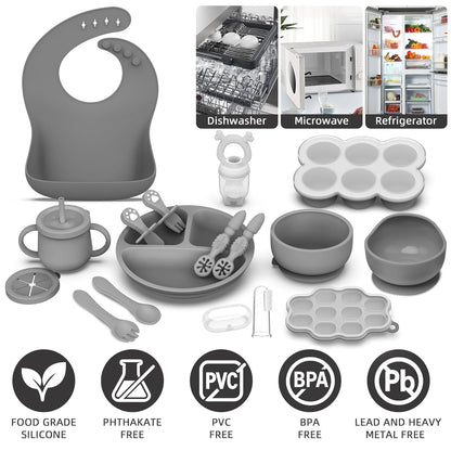 16 Pack Silicone Baby Feeding Set, BPA-Free Baby LED Weaning Supplies, Include Suction Plates, Baby Bowls, Silicone Fork & Spoon, and More, First Stage Baby Food Eating Utensils - 6+ Months(Blue, 16)
