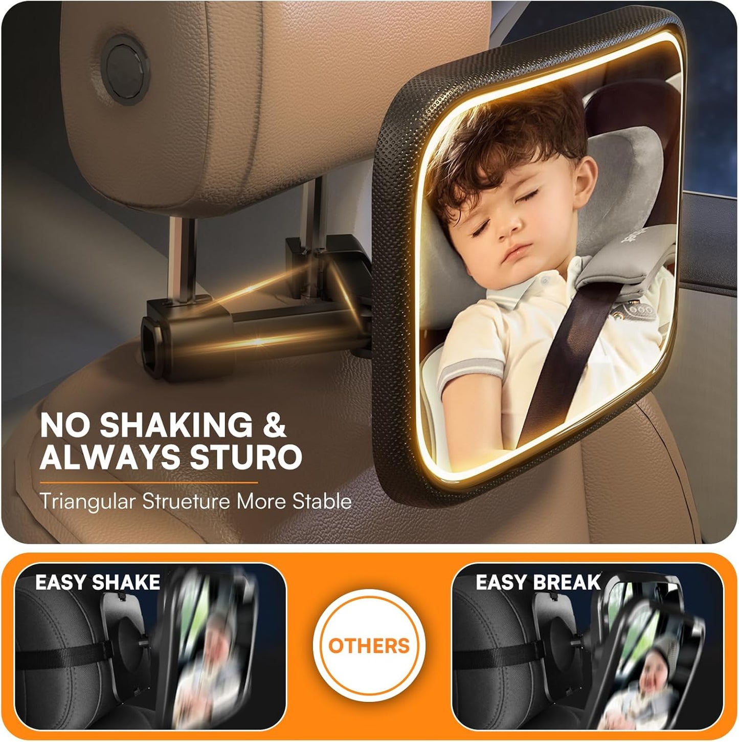 Rechargeable Baby Car Mirror with Light - Mirror for Baby in Car with Remote Control, Car Mirror for Baby Stable Hook Clip Shatterproof Crystal Clear Car Seat Mirror for Baby Safety