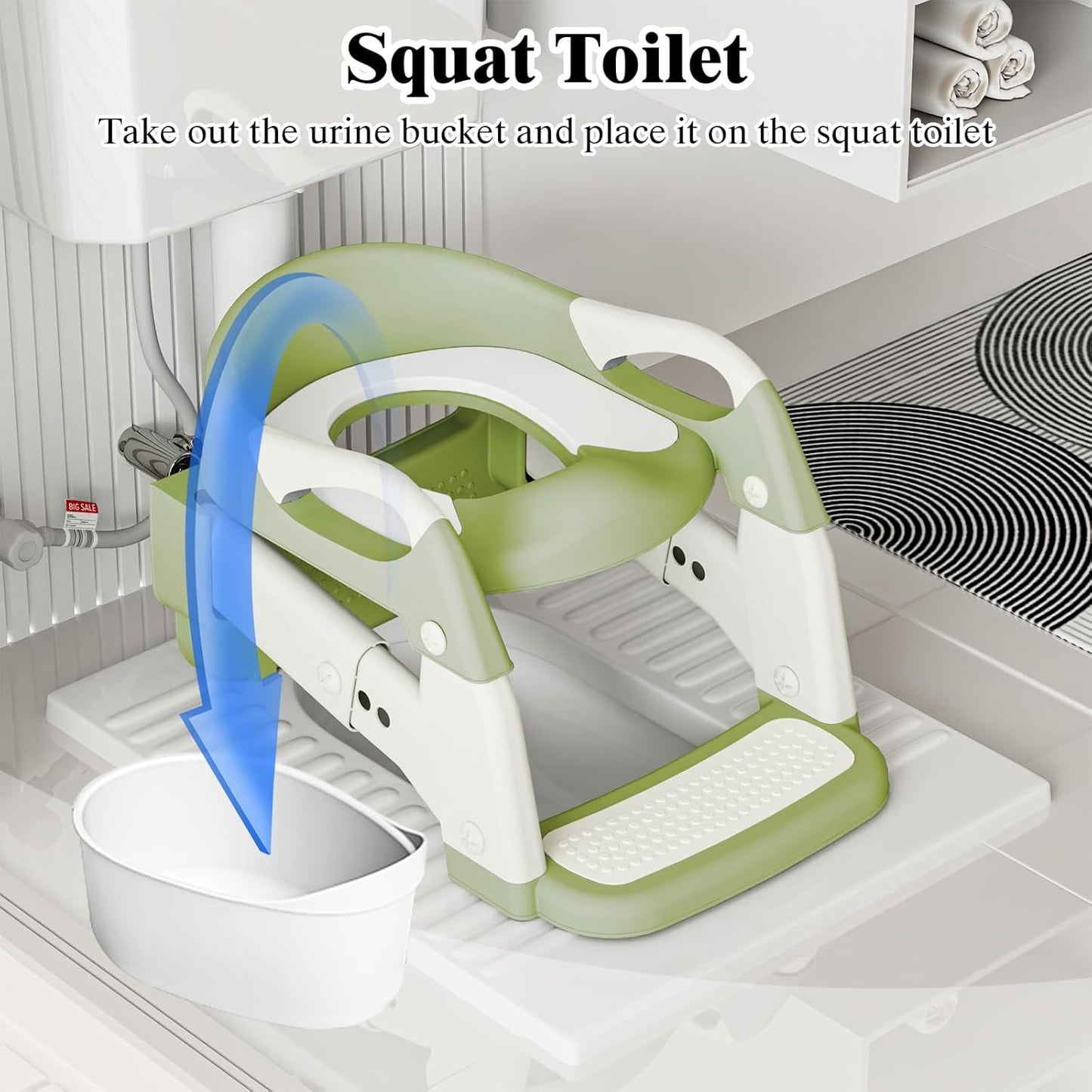 XIGGA 3 in 1 Potty Toilet Training Seat with 2-level Adjustable Steps, Equipped with Waterproof Cushion and Non Slip Step Stool, Dedicated Toilet Seat for Boys Girls - Green