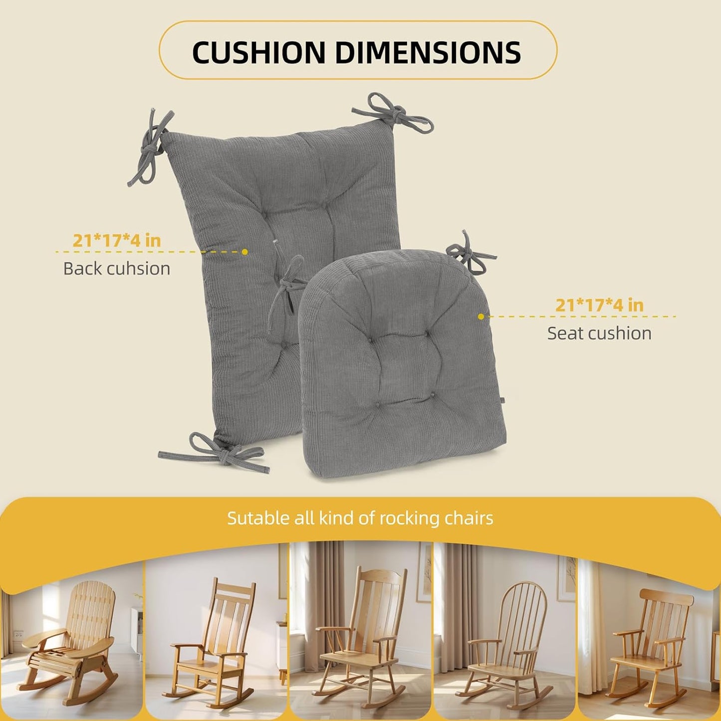 Millsilo Rocking Chair Cushions 3-Piece Set with Neck Pillow, Indoor Rocker Comfortable Tufted Non-Slip Pads with Ties, High-Density Foam Cushion for Adirondack Glider Chair, Orange, 52 x 19 x 4 Inch