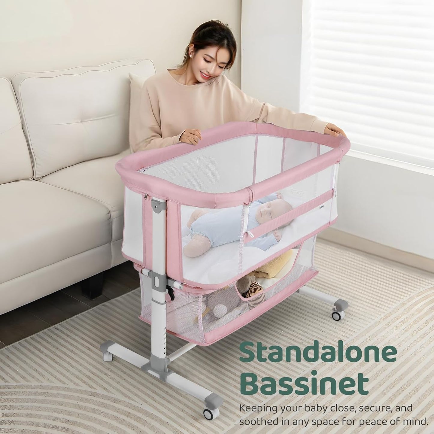 Cowiewie Bassinet Bedside Sleeper, Portable, Breathable, Adjustable Baby Bedside Bassinet for Peaceful Nights, Light Grey