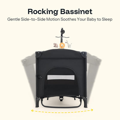 HARPPA Pack and Play 6 in 1, Portable Baby Playard for Travel, Baby Bassinet Bedside Sleeper with Mattress, Rolling Bassinet for Infant, Pack n Play with Changing Table, Bed Crib(Black)