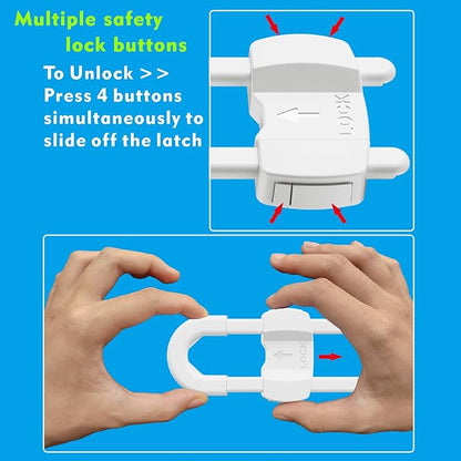 LRANFOW 10 Pack U-Shaped Baby Proof Cabinet Locks No Drilling Required, Adjustable Child Safety Latches for Cabinets Drawers Kitchen Doors, White