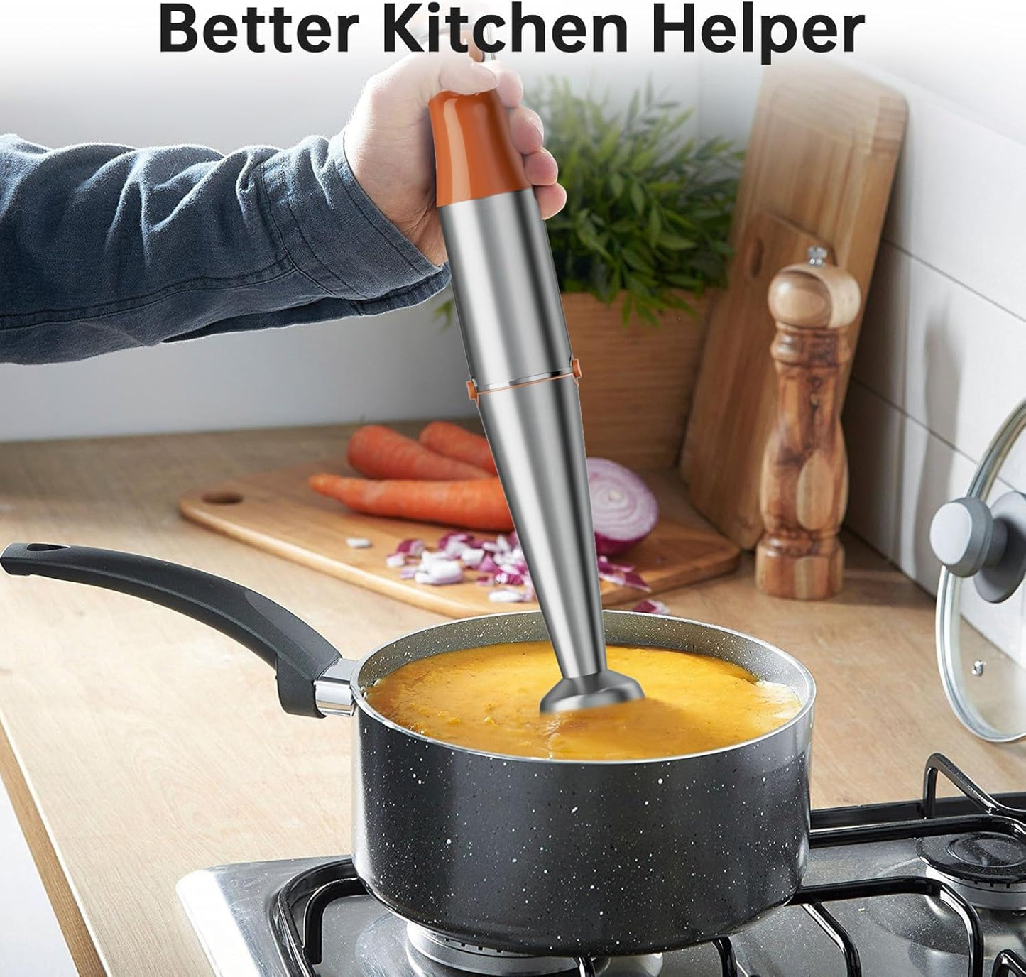 Turelar Immersion Blender Handheld Corded Hand Blenders Set 1100W, Trigger Variable Speed 5 in 1 Stick Emulsifier with Chopper, Whisk and Frother for Soup, Baby Food and Smoothies, Orange