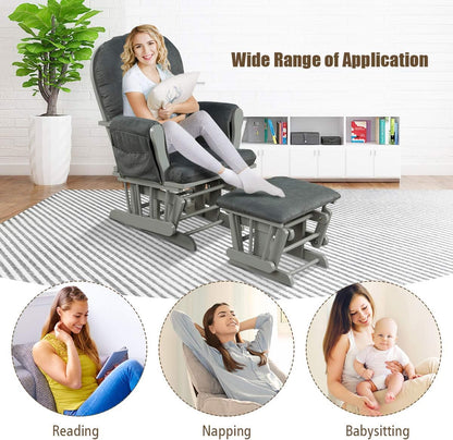 Costzon Nursery Glider with Ottoman, Upholstered Comfort Glider Rocker with Padded Cushion, Storage Pocket, Solid Wood Base, Rocking Chair Nursery for Breastfeeding, Napping (Light Gray)