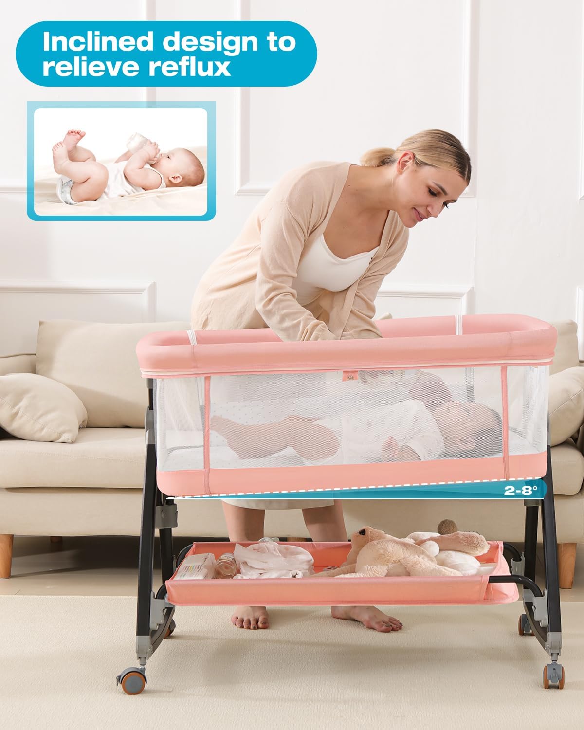 Bedside Bassinet for Baby, 3 in 1 Breathable Mesh Baby Bassinet, 6 Height Adjustable, Easy to Assemble, Bassinet Bedside Sleeper with Wheels, Mosquito Net, Storage Basket, Bassinets for Newborn Baby | Multi-functional