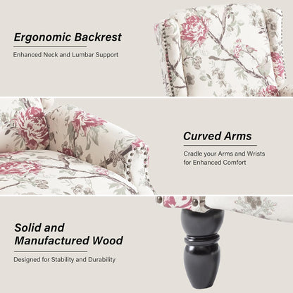 Swivel Rocker Recliner Chair, Manual Nursery Glider Recliner, Floral Fabric Wingback Accent Chair with Adjustable Backrest & Footrest for Small Spaces Living Room Bedroom (Plants Floral, Set of 1)