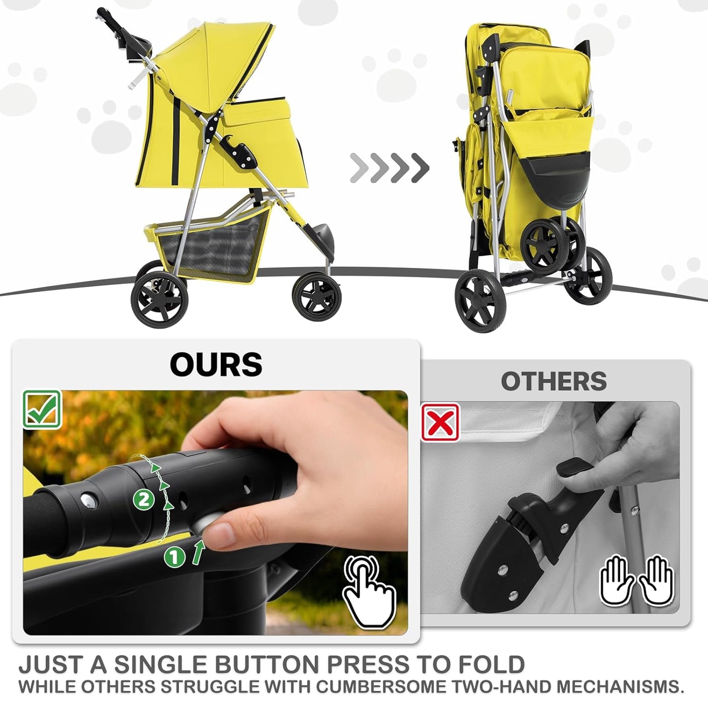 MoNiBloom Foldable Pet Stroller with Weather Cover, 3 Wheels Pet Strolling Cart for Small/Medium Dogs and Cats with Storage Basket and Cup Holder, Breathable and Visible Mesh for All-Season, Black