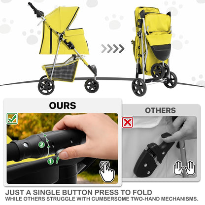 MoNiBloom Foldable Pet Stroller with Weather Cover, 3 Wheels Pet Strolling Cart for Small/Medium Dogs and Cats with Storage Basket and Cup Holder, Breathable and Visible Mesh for All-Season, Black