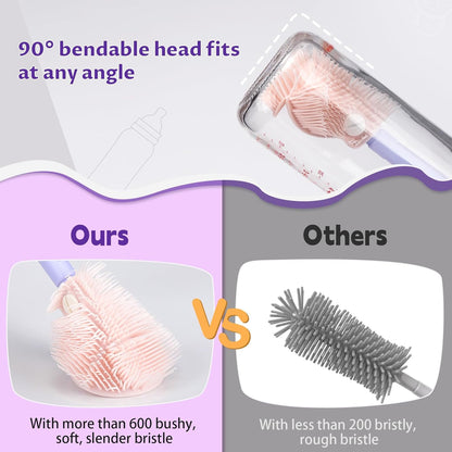VOOWO Baby Bottle Brush & Drying Rack, Portable Travel Kit - Silicone Bottle & Nipple Brush Set, Straw Cleaner (Purple)