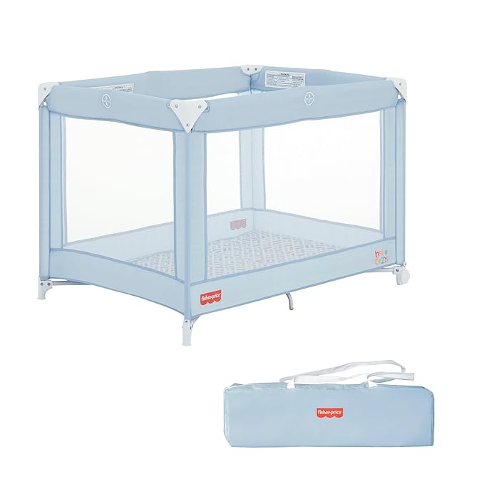 Dream On Me Fisher-Price Play All Day Portable Playard, ASTM Certified, Ideal for Babies & Toddler, One-Hand Fold, Breathable Mesh, Travel Playard with Carry Bag, Easy to Clean - Moonmist