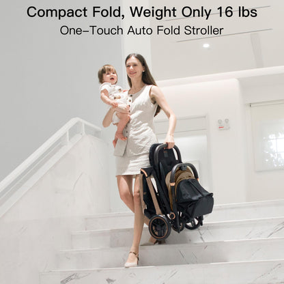 Gromast Gravity Folding Baby Stroller - Portable Travel Toddler Stroller w/Adjustable Backrest, Canopy & Cup Holder, Lightweight and UV Protected, One-Hand Automatic Folding - Green