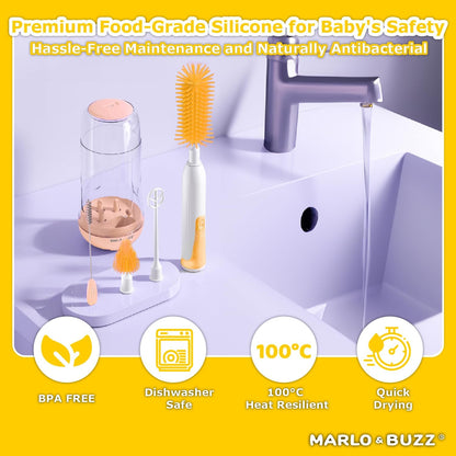 Marlo & Buzz Electric Baby Bottle Brush Cleaner Set, Rechargeable Waterproof Silicone Brushes with Large Bottle Brush, Nipple Brush, Straw Brush, Milk Stirrer, Drying Rack (Yellow)