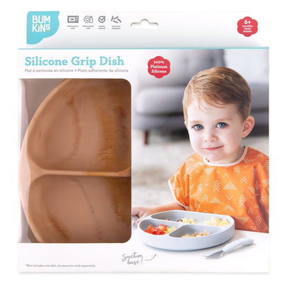 Bumkins Toddler and Baby Suction Plate, Divided Grip Dish for Babies and Kids, Baby Led Weaning, Feeding Supplies, Sticks to Tables and Highchairs, Platinum Silicone, for Chidren 6 Months, Gray