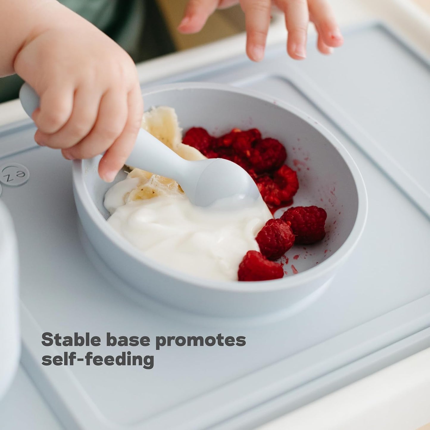 ezpz Mini Bowl (Pewter) - 12 Months+ - 100% Silicone Suction Placemat + Bowl for Toddlers - Comes with a Reusable Travel Bag