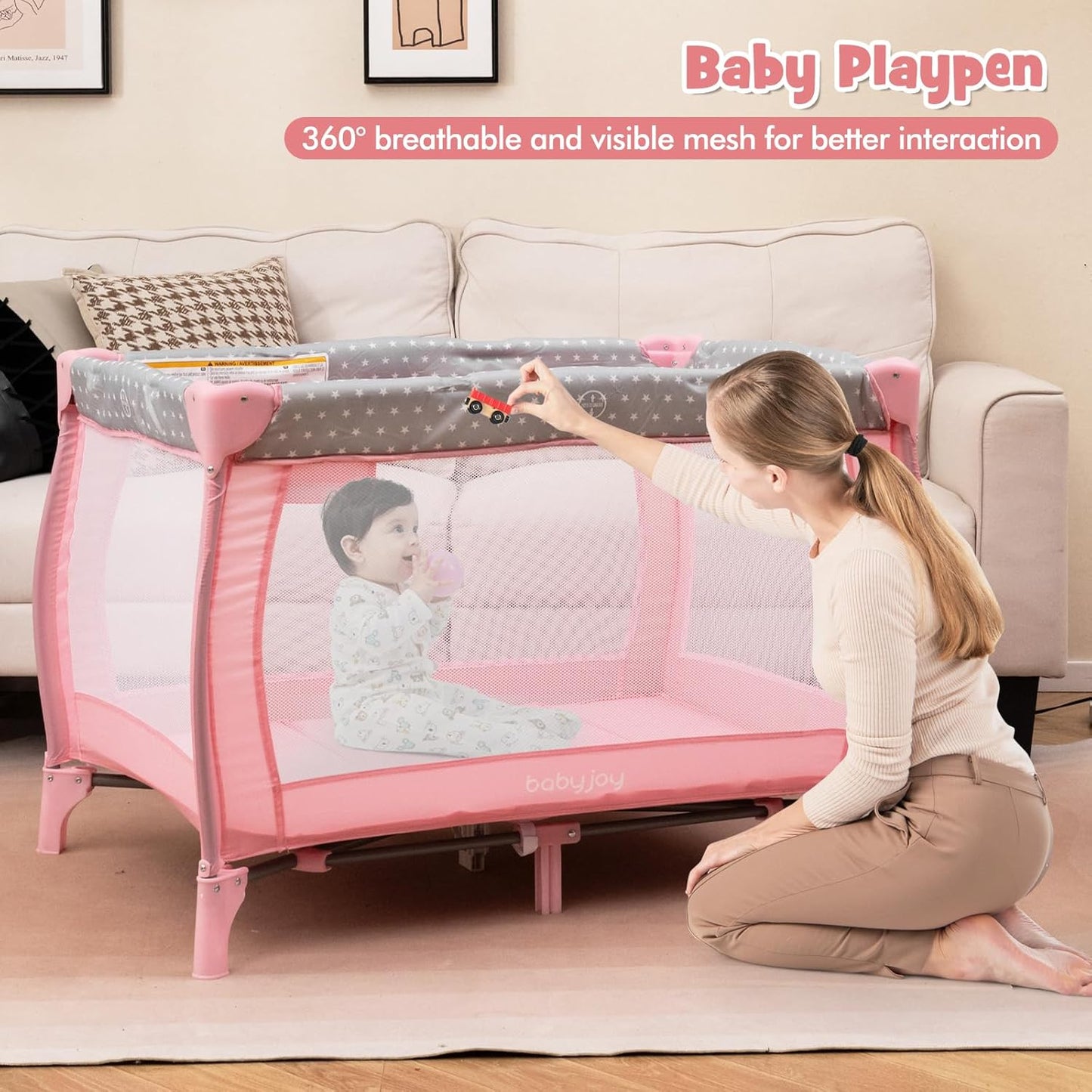 BABY JOY 3 in 1 Portable Pack and Play with Bassinet, Convertible Baby Travel Crib Playard with Changing Table, Brake Wheel, Newborn Napper with Large Capacity Storage Shelf, Oxford Carry Bag