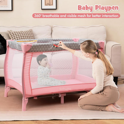 BABY JOY 3 in 1 Portable Pack and Play with Bassinet, Convertible Baby Travel Crib Playard with Changing Table, Brake Wheel, Newborn Napper with Large Capacity Storage Shelf, Oxford Carry Bag