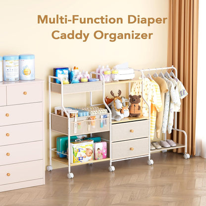 BBLIKE Diaper Caddy Organizer with Hanging Rack - 3 Tier Rolling Utility Cart with Drawers and Dividers for Baby Bottle Storage - Bedside Cart for Changing Station, Crib, Nursery, Bedroom, Beige